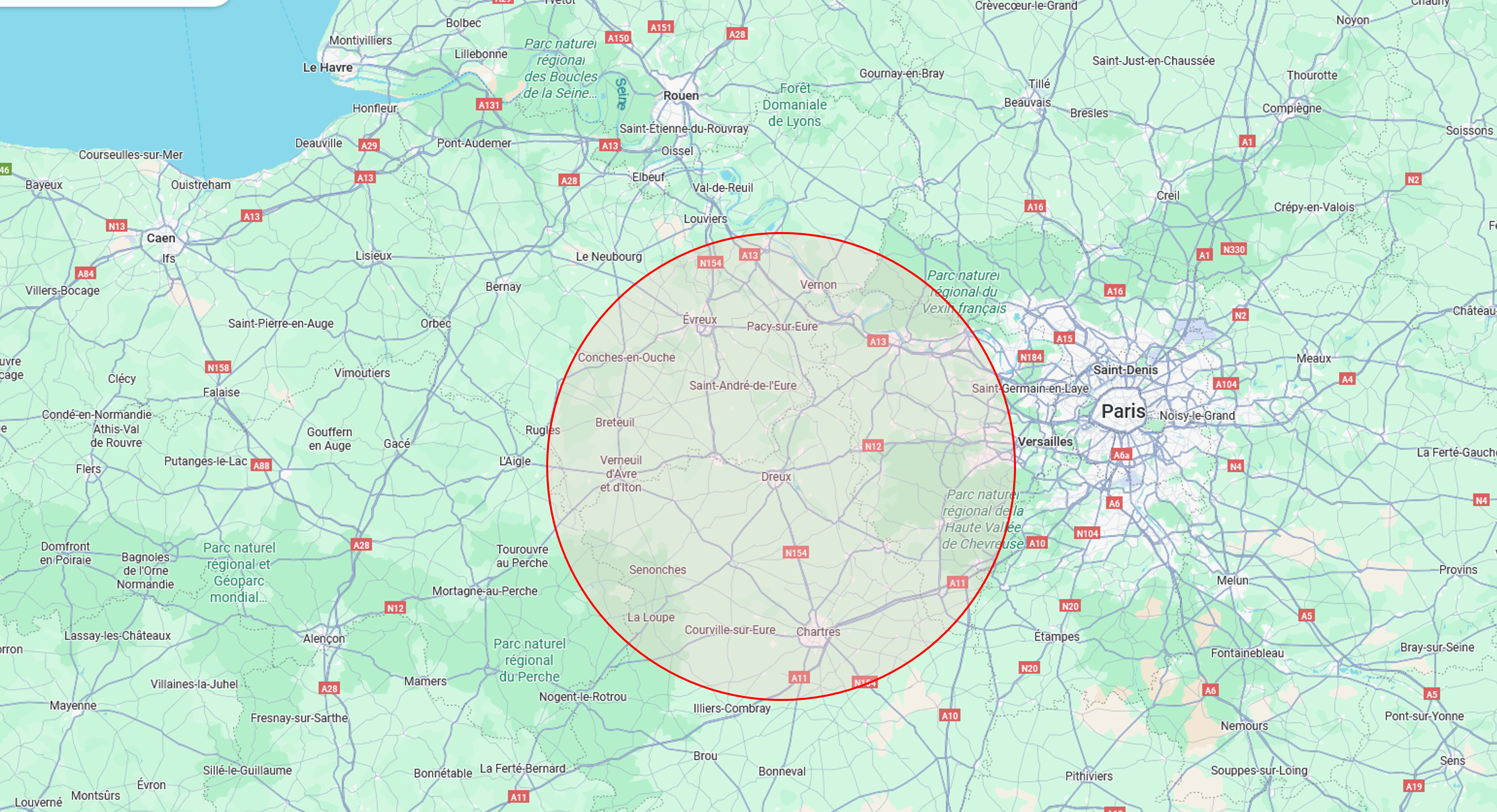 Carte représentant la zone d’intervention : Eure-et-Loir et Ouest de l’Île-de-France